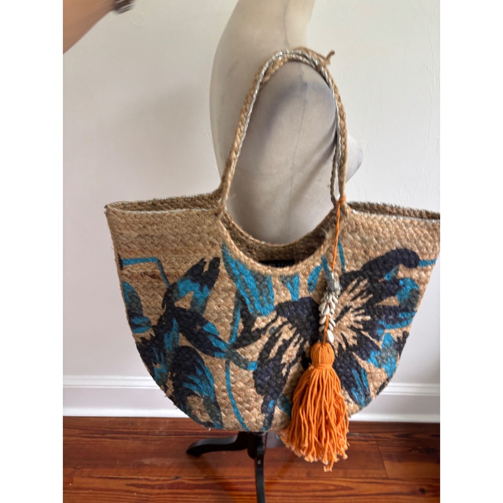 Antik Kraft Woven Jute Tote Bag Blue Floral Print Beach Straw Shoulder Purse
